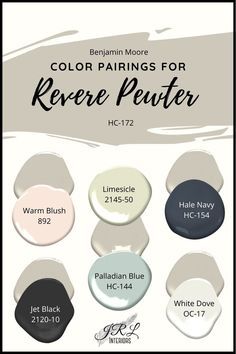 Revere Pewter is the darling of the staging world. Not really a true gray but not really beige either, it is a warm neutral that gives a fresh look to walls and a real color against a white trim (for the best white trim colors, check out THIS post). This beautiful neutral works in so many rooms - bedrooms, living rooms, kitchens, and bathrooms for an airy look paired with other neutrals and white, a soft look with blush or spa colors, a sophisticated and elegant look paired with black or rich Navy And Blush Paint Colors, Complementary Colors To Revere Pewter, Revere Pewter And Black Color Scheme, Cabinet Color With Soapstone, Fresh Paint Colors, Blush And Navy Bathroom Ideas, Interior Door Colors Benjamin Moore, Paint Color Schemes With Black, Popular Benjamin Moore Paint Colors 2023