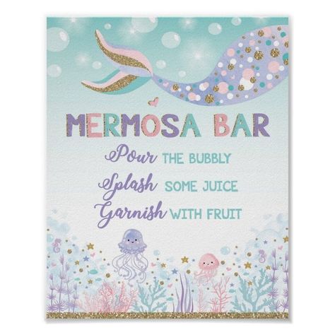 Mermosa Bar Mermaid Mimosa Bar Sign  Under the Sea  Zazzle Mermaid Mimosa, Your Mermaid Name, Jellyfish Mermaid, Mermaid Decorations, Mermaid Bridal Showers, Sea Sign, Under The Sea Decorations, Mermaid Names, Wedding Shower Cards