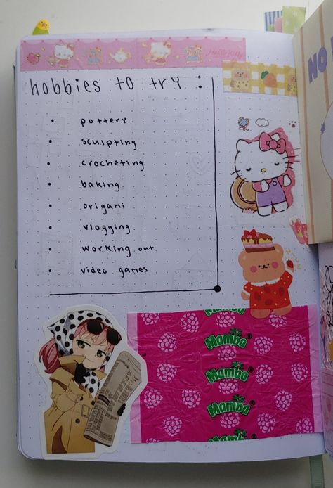 Jounarl Ideas, Cute Hobbies To Try, 2000s Journal, Journal Ideas Sanrio, Gyaru Journal, Pen Pals Crafts, Journal Page Ideas Coquette, Coraline Bullet Journal, Sketchbook Notebook