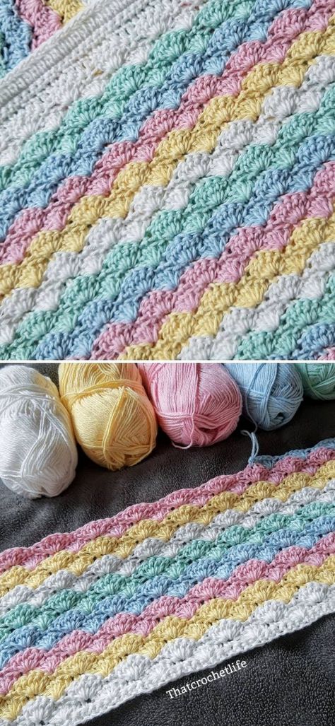 Beautiful Shells Baby Blanket - Free Pattern and Ideas - Pattern Center She’ll Crochet Blanket, Free Shell Stitch Crochet Pattern, Simple Crochet Blankets, She’ll Stitch Crochet Blanket, Two Color Baby Blanket Crochet Pattern, Rainbow Baby Crochet Blanket, Crochet Toddler Blanket Pattern Free, Beautiful Shells Crochet Blanket, She’ll Stitch Crochet