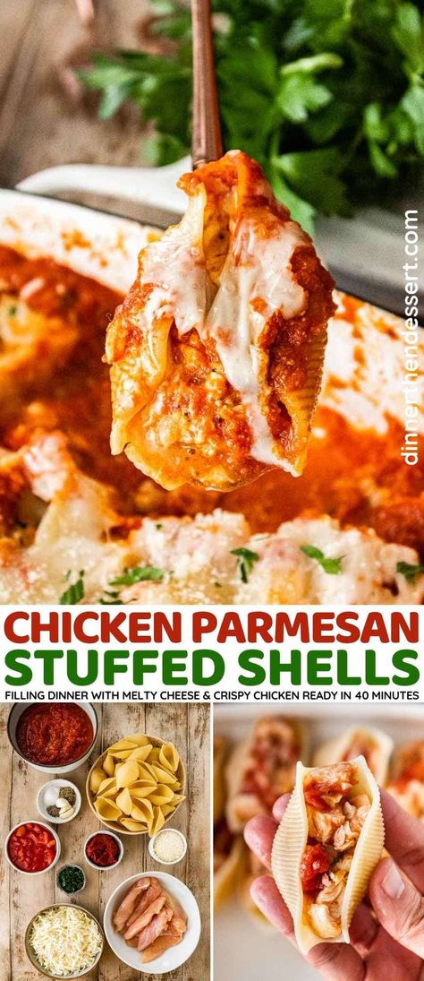 Chicken Parmesan Stuffed Shells are flavorful, cheesy, and wonderfully filling. They're a family favorite dinner that's easy to make! Jumbo Shell Recipes, Shell Recipes, 2023 Meals, Chicken Stuffed Shells, Comfort Pasta, Dinner Then Dessert, Meat Lovers Pizza, Jumbo Pasta Shells, Stuffed Pasta