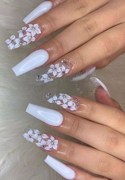 Colors Nails, White Coffin Nails, Pedicure Designs, White Acrylic Nails, Cute Acrylic Nail Designs, Floral Nail Art, Coffin Nails Long, Summer Acrylic Nails, Nailed It