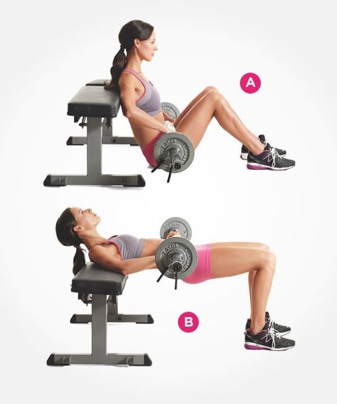 Barbell Hip Thrusters - One of the best exercises for your glutes. This exercise also targets your abs! | Women's Health Magazine Abdomen Plat, Bench Workout, Nutrition Sportive, Womens Health Magazine, Ab Workouts, Weight Benches, Hip Thrust, Body Fitness, Health Magazine