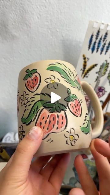 Ceramic Video on Instagram: "@ceramicvideo  @wanderandflux    Strawberry process! I paint the mug with underglaze before carving and then inlaying the lines with black. So satisfying!   #loveceramics #mug" Underglaze Before And After, Underglaze Painting On Pottery, Painting On Pottery, Underglaze Painting, Underglaze Transfer, Ceramic Eye, So Satisfying, Carving, Mug