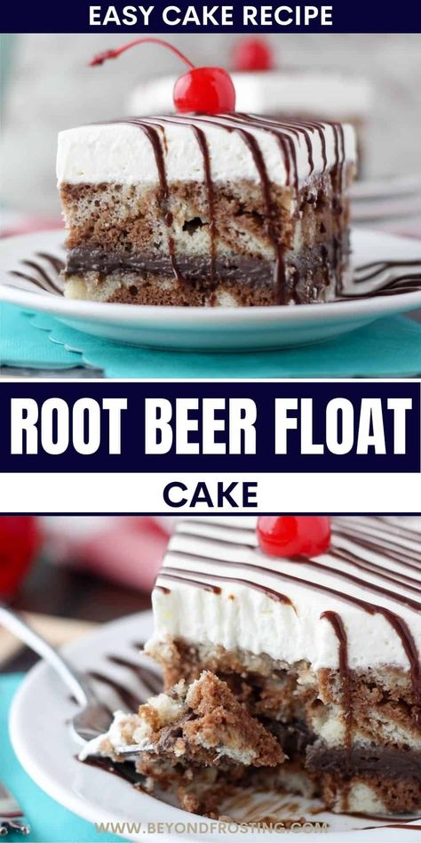 This Root Beer Float Cake is a vanilla and chocolate marbled cake with a layer of chocolate cream and a root beer whipped cream topping! Root Beer Poke Cake, Root Beer Float Cake Recipe, Root Beer Float Desserts, Rootbeer Float Cake Recipes, Rootbeer Desserts, Root Beer Float Party Ideas, Rootbeer Float Cake, Root Beer Desserts, Root Beer Cake Recipe