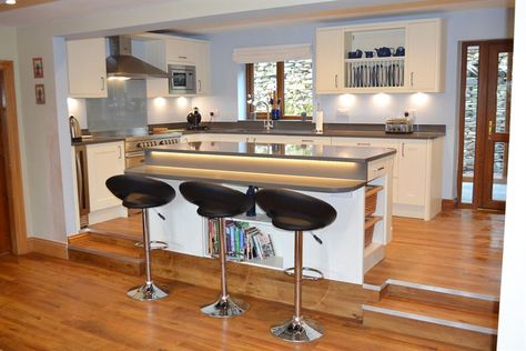 Kitchen Island With Step Up Bar, Island Extends Past Kitchen, Step Up Kitchen, Step Down Kitchen Extension, Rustic Kitchen Island Uder Stairs To, Split Level Kitchen, Kitchen Bar Design, Open Plan Kitchen Dining Living, Sunken Living Room