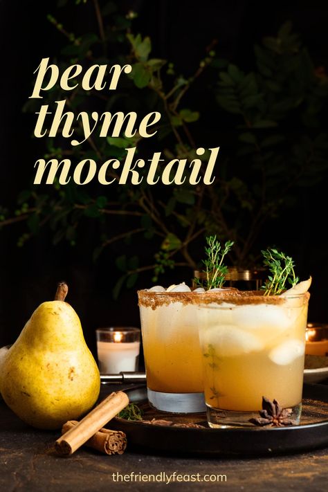 Try this refreshing pear thyme mocktail just in time for the fall season! Cinnamon, lemon, pear, and allspice flavors make this a delightful treat. Pear Thyme Mocktail, Drinks With Thyme, Cocktail With Thyme, Pear Mojito Recipe, Spiced Pear Mocktail, Pear Mocktail Recipe, Mocktail Thanksgiving, Thanksgiving Mocktail Non Alcoholic, Autumn Mocktails