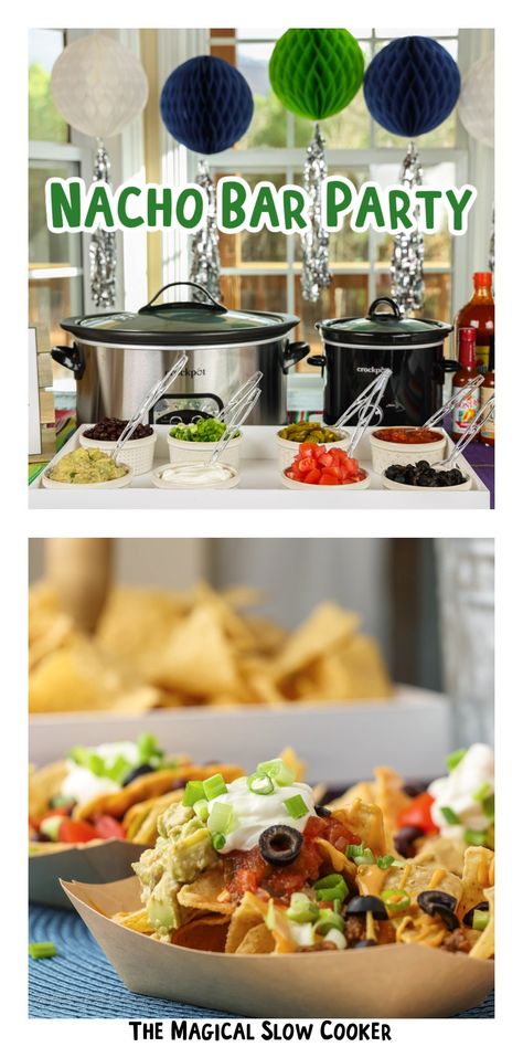 Potluck Bars Ideas, Superbowl Snacks Crockpot, Nachos Board Ideas, Make Your Own Nachos Bar, Cheap Way To Feed A Crowd, Nacho Bar Toppings List, Staff Food Bar Ideas, Side Dishes For Nacho Bar, Spooky Nacho Bar