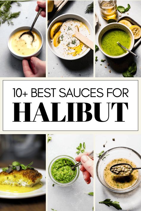 Looking to enhance your halibut dish? Try these 10+ delicious sauces! From classic lemon butter, to zesty chimichurri, and more! These are the BEST sauces for halibut. Halibut Sauce Recipes, Herb Crusted Halibut, Herb Sauce For Fish, Sauce For Halibut, Parmesan Crusted Halibut Recipe, Poached Halibut, Mango Habanero Sauce, Seafood Sauce Recipe, Best Sauces