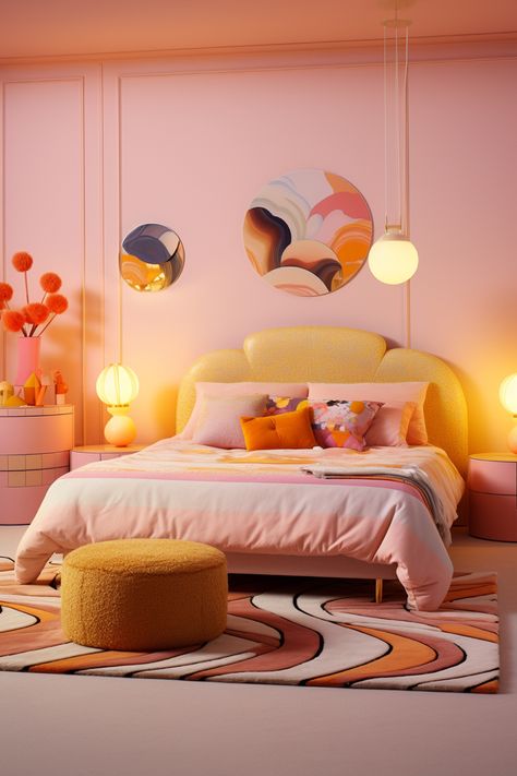 Pink pattern Master Bedroom in the style of playful use of shapes, leanne surfleet, pop-inspired, orient-inspired, rounded, bold palette, light pink and light amber Peach Theme Bedroom, Peach Bedroom, Calming Bedroom, Cafe Shop Design, Arch Interior, Pastel House, Interior Design Art, Pink Pattern, Blue Interior