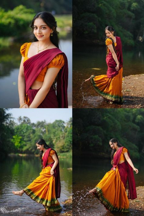 Traditional Dhavani Designs, Dhavani Designs, Dhavani Set, Half Saree Poses, Styling Photoshoot, Onam Outfits, South Indian Saree, Long Skirt And Top, Saree Stills