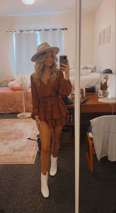 Texas Outfit Inspiration, Country Event Outfit, Cute Country Bar Outfits, Stay Home Date Night Outfit, 2023 Country Concert Outfit, Country Theme Outfit Women, Birthday Outfits Western, Fall North Carolina Outfits, Rompers With Cowgirl Boots