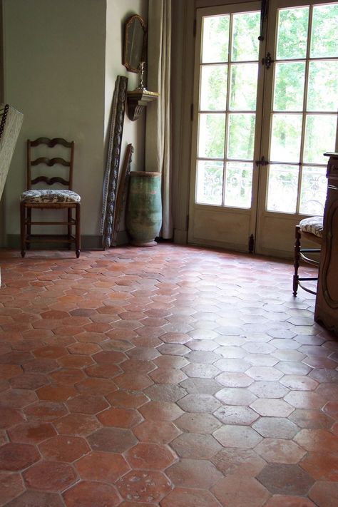 "Red" hexagonal hand made antique floor tiles. Red Stone Flooring, Terra Cotta Tile Floors, French Flooring, Terra Cotta Floor Tile, Red Tile Floor, Terracotta Tile Floor, Yellow Tiles, Flooring Parquet, French Tile