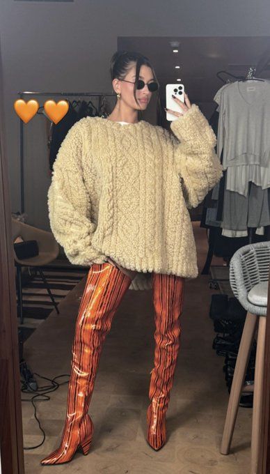 Beige Sweater Dress, Hayley Bieber, Orange Boots, Hailey Bieber Outfits, Gilmore Girls Fan, Hailey Bieber Style, Hailey Baldwin, Hailey Bieber, Looks Style