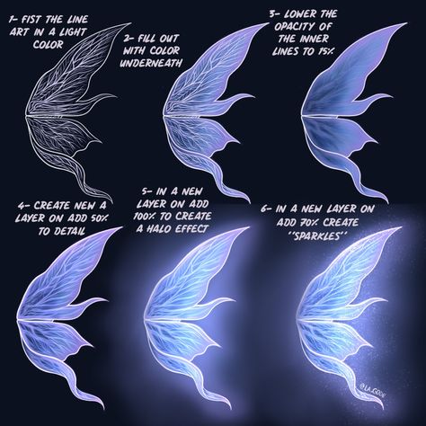 Unveil the enchantment of digital art as you follow a detailed Procreate tutorial. Discover the step-by-step process to craft charming fairy wings that radiate an ethereal glow in the dark. Illuminate your imagination and create luminous magic on your screen Fairy Wing Reference, Arm Wings Drawing, Wing Base Drawing, Fae Wings Drawing, How To Draw Fairy Wings, Fairy Wings Reference, Fairy Wing Designs, How To Draw Wings, Glowing Wings