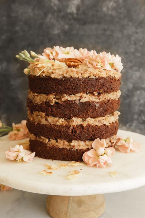 Sweet Laurel German Chocolate Cake with Coconut Pecan Frosting Recipe | Pamela Salzman & Recipes Coconut Pecan Frosting Recipe, Pecan Frosting Recipe, German Chocolate Cake Frosting, Chocolate Cake With Coconut, German Chocolate Frosting, Sweet Laurel, German Chocolate Cake Recipe, I Am Better, Pecan Frosting