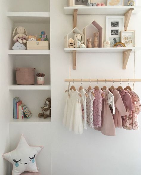 Nursery Wall Clothes Rack, Nursery Open Wardrobe, Nursery Hanging Clothes, Nursery Clothing Rack, Nursery Closet Shelves, Baby Nursery Closet, Small Space Nursery, Boho Kids Room, Baby Playroom