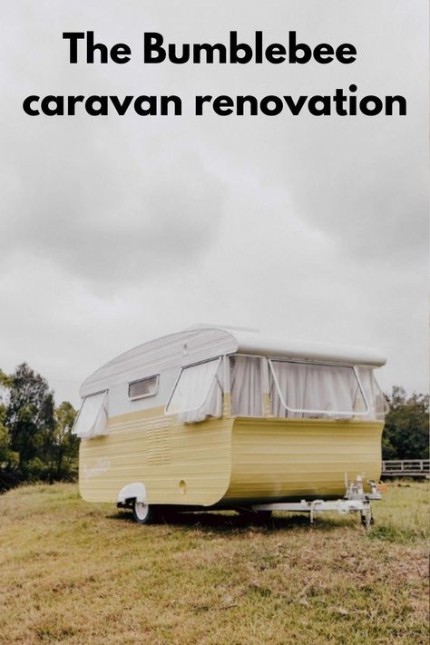 The renovated caravan features a yellow and white exterior Pastel Caravan Interior, Caravan Exterior, Vintage Caravan Interiors, Sleeping Nook, Yellow Paint Colors, Retro Caravan, Caravan Renovation, Caravan Interior, Interior Color Schemes