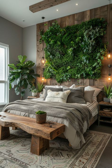 Modern bedroom with a green wall adding tranquility. Green And Wood Bedroom Decor, Cozy Bedroom With Plants, Garden Rooftop, Tranquil Bedroom, Unique Bedroom, Bedroom Cozy, Bedding Inspiration, Modern Luxury Bedroom, Knotty Pine