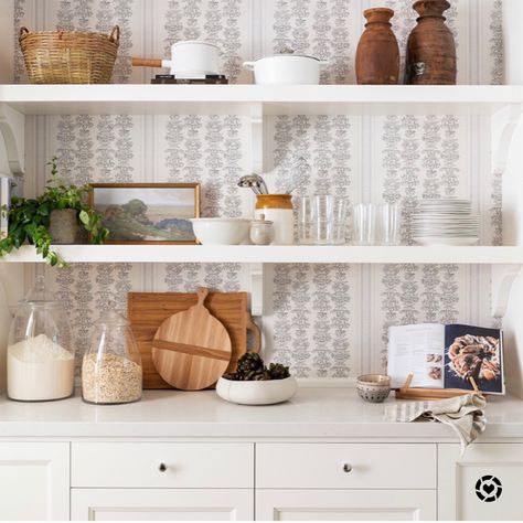 Studio McGee is taking it to the next level with this wallpaper pantry and we are loving it! #pantrydesign #pantryorganization #pantrygoals #organization # #LTKfamily #LTKhome #LTKunder100 #liketkit @liketoknow.it http://liketk.it/2EPbp Wallpaper Backsplash Kitchen, Rebecca Atwood Wallpaper, Stripe Wallpaper, White Shelves, Mcgee & Co, Kitchen Wallpaper, Striped Wallpaper, Custom Upholstery, Floral Stripe