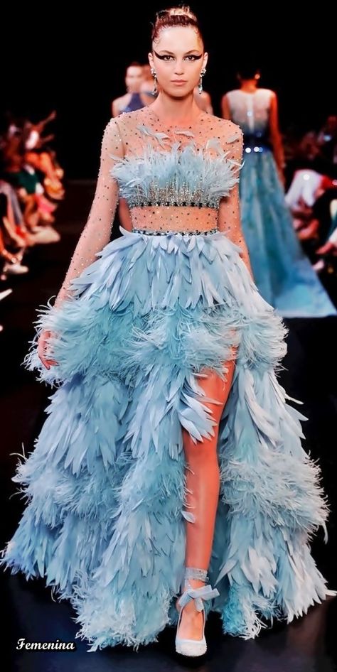 Kingfisher Inspired Dress, Feather Fringe, Feather Fashion, Beautiful Evening Gowns, Recycled Dress, Fashion Dresses Formal, Elegant Outfit Classy, Ruffle Gown, Classic Style Outfits