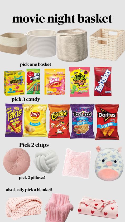 movie night basket! Movie Basket, Movie Night Basket, Dorm Room Layouts, Cheetos Crunchy, Make A Movie, Cheese Party, Nacho Cheese, Sour Patch, Pick One