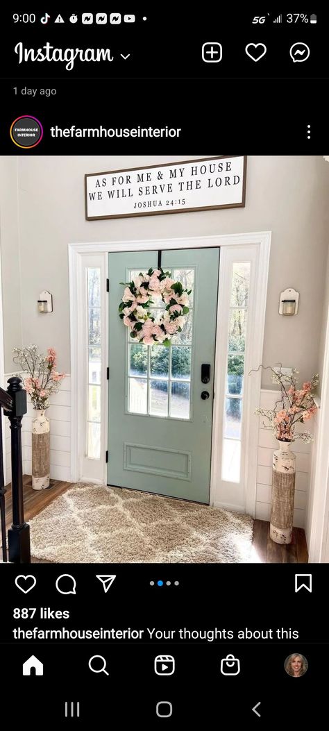 Mint Front Door, Front Door With Glass Panels, Door With Glass Panels, Shiplap Wainscoting, Colorful Front Door, Front Door With Glass, Door With Sidelights, Large Vases, Taupe Walls