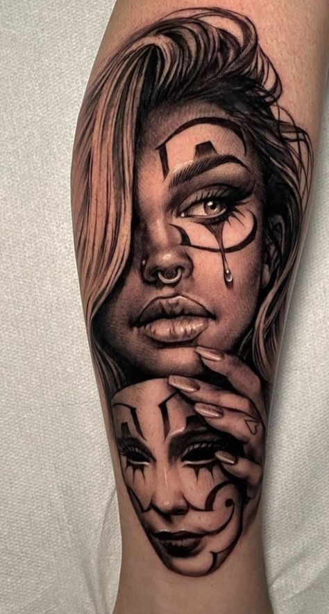 Faces Tattoos For Women, Woman Face Tattoo For Men, Clown Women Tattoo, Women Clown Tattoo, Face Tattoos For Women On Arm, Clown Woman Tattoo, Leg Sleeves For Black Females, Female Clown Tattoo, Female Face Tattoo Ideas