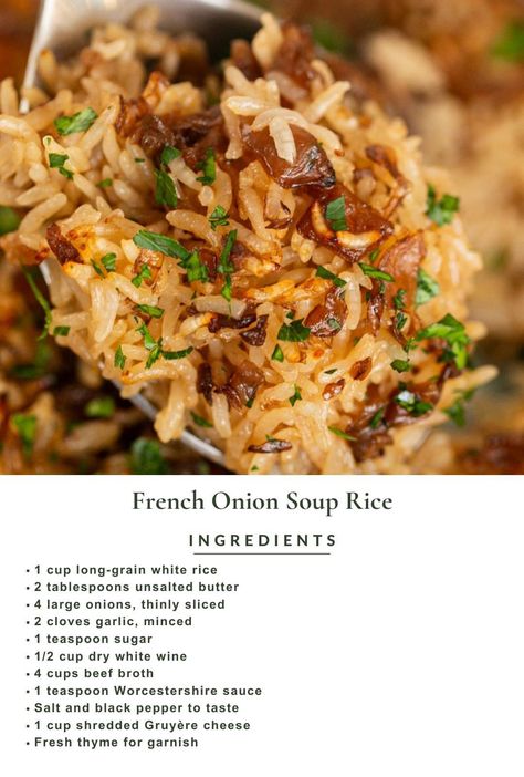 French Onion Soup Rice, Onion Soup Rice, Rice Side Dish Recipes, Soup Rice, Easy Rice Recipes, Rice Side Dishes, Rice Ingredients, French Onion Soup, French Onion