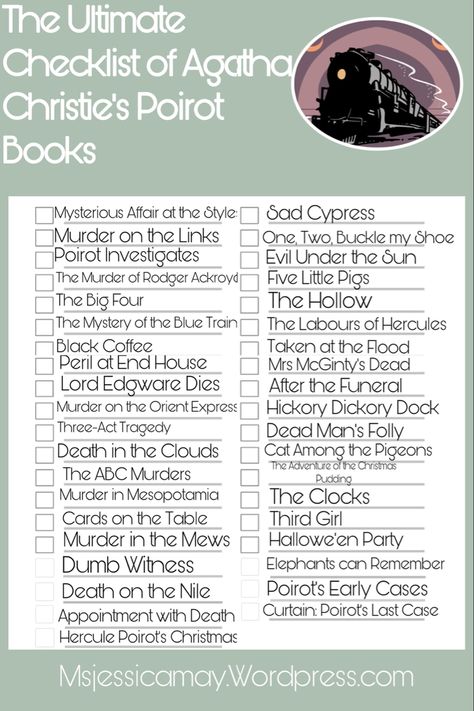 A checklist, listing all of the Poirot novels by Agatha Christie with tick boxes Agatha Christie Books List, Book Logs, Evil Under The Sun, Books Thrillers, English Knowledge, Tiny Books, Agatha Christie Books, Comic Ideas, Book Wishlist