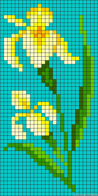 Daffodil cross stitch. Crosstich Patterns Free Flowers, Daffodil Cross Stitch Pattern, Perler Beads Flower Pattern, Flower Graphgan, Perler Beads Flower, Flower Perler Bead Patterns, Pixel Flower Pattern, Daffodil Pattern, Bead Flower