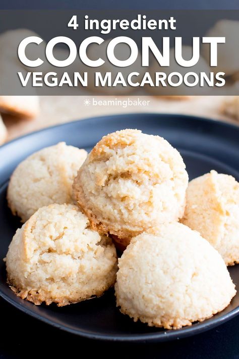 Vegan Coconut Macaroons: Irresistibly chewy Vegan Coconut Macaroons with crisp edges and sweet coconut flavor. Just 4 ingredients! Paleo, Healthy. #Vegan #Coconut #Macaroons #Paleo #Healthy | Recipe at BeamingBaker.com Coconut Desserts Vegan, Dairy Free Coconut Macaroons, Coconut Cookies Vegan, Vegan Coconut Macaroons, Vegan Coconut Recipes, Christmas Recipes Gluten Free, Vegan Coconut Cookies, Vegan Macaroons, Gluten Free Coconut Macaroons