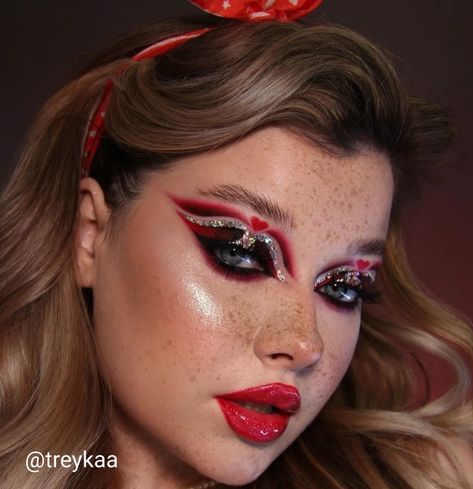 Valentines Drag Makeup, Red Dramatic Makeup, Red Drag Makeup, Euphoria Eyes, Make Up Character, Valentines Eye Makeup, 2023 Makeup Looks, Hair Styles Design, Valentine Looks