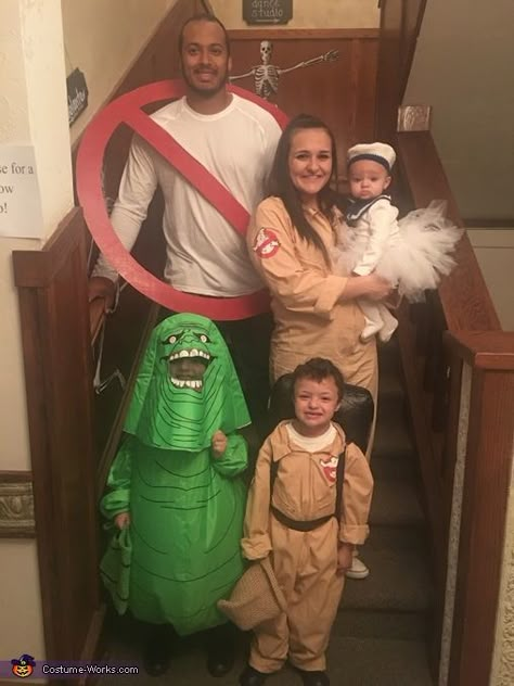 Ghostbuster And Ghost Costume, Ghostbusters Ghost Costume, Slimmer Costume Ghostbuster Diy, Family Ghostbusters Halloween Costumes, Ghost Busters Couple Costume, Ghost Buster Costume Diy, Homemade Ghostbusters Costume, Ghost Busters Halloween Costumes, Ghost Busters Costume Family