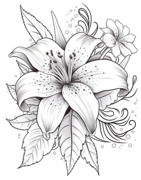 Cool Flower Designs, Tattoo Flower Stencil, Lily Tattoo Stencil, One Color Drawing, Flower Drawing Color, Floral Art Drawing, Flowers Art Drawing, Flower Draw, Lily Drawing