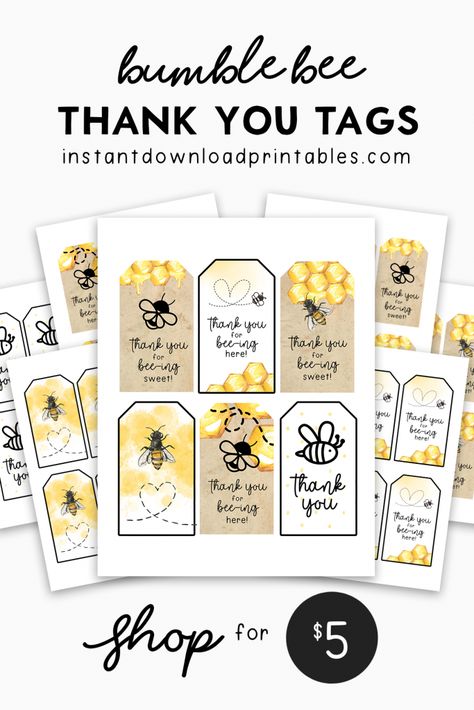 Printable Bee Thank You Tags - Instant Download - Instant Download Printables Bee Theme Baby Shower Games, Cute Baby Shower Themes, Baby Shower Printable Games, Bee Tags, Journaling Printables, Bee Theme Party, Bee Printables, Bee Sign, Bee Baby Shower Theme