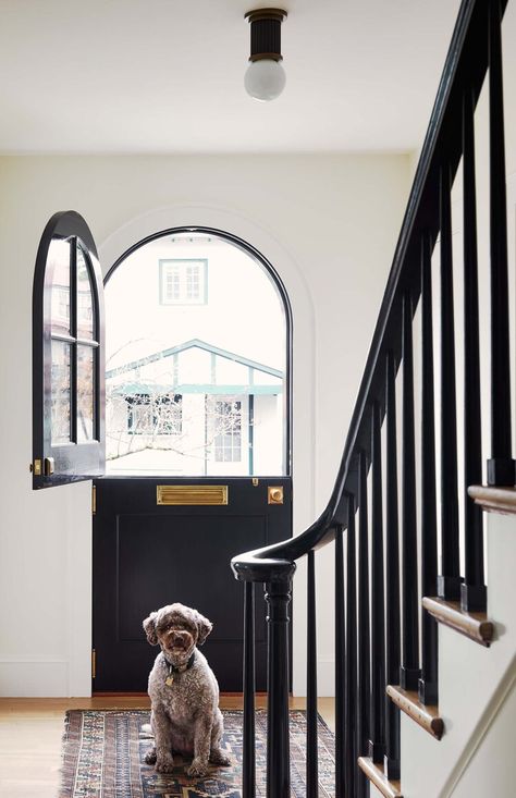 The Black and White — Kevin Cradock Builders Arched Dutch Doors Exterior, Door With Mail Slot, Kitchen Arch Door, Arch Dutch Door, Glass Dutch Door, Nomad House, Katie Rosenfeld, Klismos Dining Chair, Arched Front Door