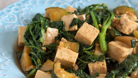 Tofu, Watercress, and Zucchini Stir-fry Recipe by Diana Kuan Pork Tofu Watercress Recipe, Ono Kine Recipes, Watercress Recipes, Zucchini Stir Fry, Vegetarian Main Dish, Watercress Soup, Tempura Recipe, Local Recipes, Hawaiian Recipes