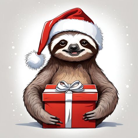 Cute cartoon sloth in Santa hat holding a Christmas present. Holiday Season, Christmas, and New year. Holiday banner stock photos Sloth Wallpaper, Cartoon Sloth, Christmas Sloth, New Year Illustration, Cartoon Santa, Holiday Banner, Book Layout, New Year Holidays, Christmas Present