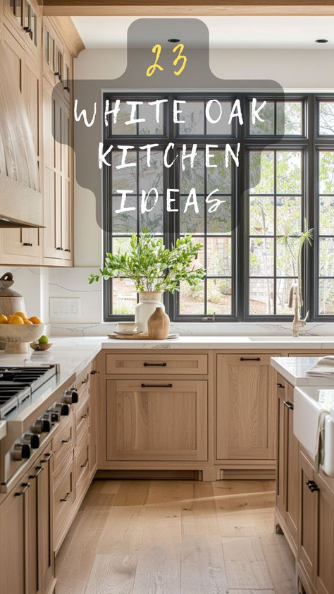 23 Ways To Style White Oak Kitchens! Explore 23 Stylish Ways To Incorporate White Oak Into Your Kitchen For A Timeless And Inviting Look. Ready To Explore? Click To Discover And Style! 🏡🍴 #WhiteOakWays #TimelessKitchen #InvitingInteriors #ExploreAndDiscover #KitchenDecor White Oak And White Cabinets, White Oak Kitchen Islands, Transitional Kitchen Wood Cabinets, Weathered Oak Stain On White Oak Cabinets, White Oak Cabinets With Black Hardware, Rift Oak Kitchen Cabinets, Wood Cabinets Kitchen White Counter, Modern Farmhouse Kitchens Wood Cabinets, White Oak Kitchen Ideas