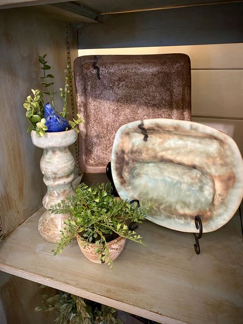 Mccarty Pottery Display, Peters Pottery, Mccarty Pottery, Pottery Decor, Pottery Display, Vintage Inspired Decor, Square Tray, Pottery Ideas, Rustic Home Decor