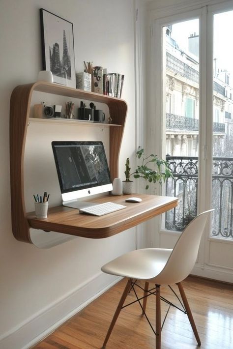 Minimal Room Aesthetic, Balcony Workspace, Space Efficient Furniture, Minimal Furniture Design, Home Study Design, Wood Desk Design, Floating Desks, Living Room Workspace, Space Desk