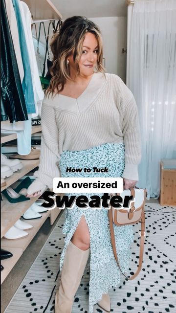 TARYN | Midsize Style | size 14 Fashion Inspo on Instagram: "Easy way to tuck an oversized top. Hope this helps. 🥰 Have you tried using a belt to tuck an oversized top or sweater? #midsizefallfashion #summertofall #ootdfall #midsizestyle #midsizeblogger #size14style #fallfits #curvyoutfit #stylehack #outfitstyling #appleshape #curvyootd #ltkcurves #ltkfall #falldress" Midsize Sweater Outfit, Skirt With Sweater Outfit, Ootd Fall, Midsize Style, Curvy Women Outfits, Oversized Top, Plus Size Sweaters, Fall Fits, Curvy Outfits