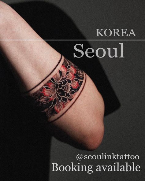 • peony band • Done at @seoulinktattoo… | Instagram Carnation Arm Band Tattoo, Peony Band Tattoo, Leg Band Tattoo Men, Japanese Arm Band Tattoos For Men, Forearm Band Tattoos Men, Arm Band Tattoos For Men, Traditional Tattoo Wrist, Arm Band Tattoos, Ankle Band Tattoo