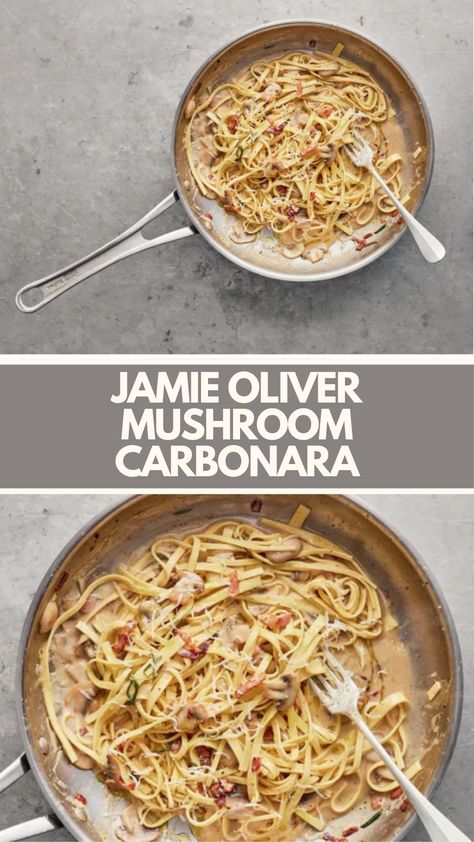 Jamie Oliver Mushroom Carbonara is made with fresh lasagne sheets, smoked streaky higher-welfare bacon, button mushrooms, rosemary, Parmesan cheese, and a free-range egg. This unique and creamy Mushroom Carbonara recipe creates a comforting dinner that takes about 15 minutes to prepare and can serve up to 2 people.

This Recipe From ONE Cookbook By Jamie Oliver. Mushroom Carbonara, Lasagne Sheets, Comforting Dinner, Button Mushroom, Carbonara Recipe, Cooking Bacon, Button Mushrooms, Creamy Mushrooms, Jamie Oliver