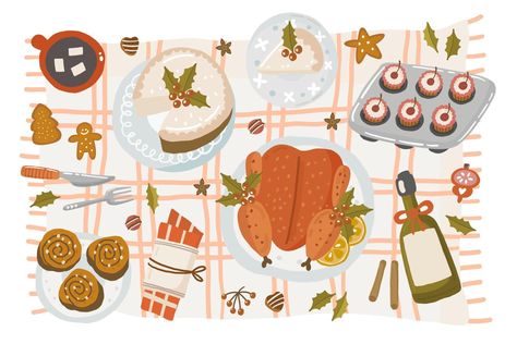 Illustration vector flat cartoon of food on happy Christmas menu on dinner table setting as feast concept. Family celebrating Christmas at home and eating together. Table top view, flat lay Christmas Table Illustration, Christmas Dinner Illustration, Dining Table Illustration, Eating Together, Christmas At Home, Table Top View, Cartoon Food, Friends Illustration, Xmas 2024