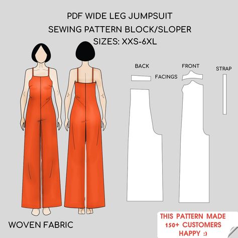 Cami Jumpsuit /Bodysuit/Playsuit PDF Sewing Pattern with Wide Leg - Block Sizes XS-6XL - Instant Download Sewing Patterns For Jumpsuits, Sewing Suits For Women, Simple Jumpsuit Pattern, Easy Sewing Projects For Beginners Clothes Women, Easy Diy Jumpsuit, Sewing Romper Pattern Women, Office Wear Sewing Patterns, Easy Sew Clothes For Women, Sewing Ideas For Beginners Clothes