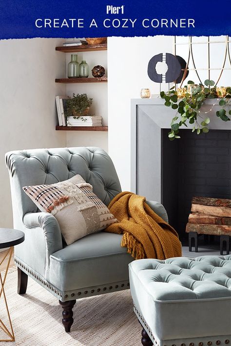 Our Chas Armchair and tufted Ottoman are a great spot to kick up your feet. Add a knit throw and decorative pillow to complete this cozy corner. #homedecor #pier1love Mirror Panel Wall, Green Velvet Armchair, Furniture Dining Room, Business Furniture, Cozy Corner, Slipcovered Sofa, Pier 1, Dining Room Sets, Mirror Wall Decor