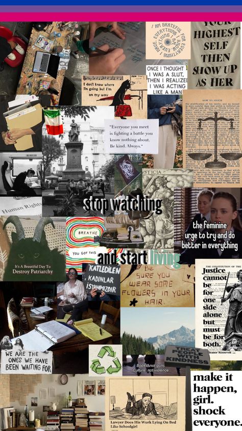 aesthetic motivational wallpaper collage about law, europe, italy, human rights, feminism, activism, enviroment. bisexual flag colors at the top as a line. hidden bisexual wallpaper. stop watching and start living text upfront. there is rory gilmore from gilmore girls. there are personal affirmations. Human Rights Collage, Human Rights Wallpaper, Feminism Aesthetic Wallpaper, Human Rights Aesthetic, Acting Aesthetic Wallpaper, Humanities Student Aesthetic, Bisexual Aesthetic Wallpapers, Hidden Bisexual Wallpaper, Feminism Wallpaper