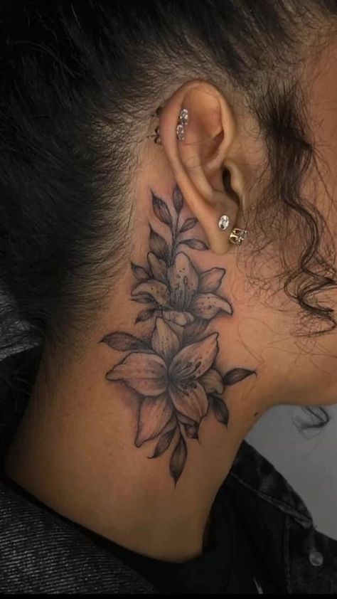 Tattoo Cover Up Ideas For Women Behind Ear, Feather Behind The Ear Tattoo, Lilly Neck Tattoo, Inside The Ear Tattoo, Behind Ear Tattoo Black Women, Woman Neck Tattoo Side, Side Neck Tattoo Women, Unique Places For Tattoos, Tattoo Ideas Female Behind Ear